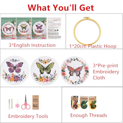 Mozzyyee 3 Sets Embroidery Starter Kit for Beginners Adults Include 3 Embroidery Clothes with Instructions Hoops Floss Thread Fabric Needles (Butterfly)