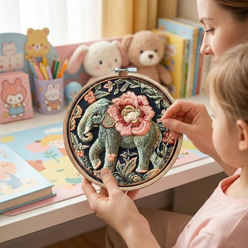 SCECALA 4 Pack Elephant Animal Embroidery Kit - Flower Floral Hand Funny Embroidery Kit for Beginners with Pattern, Complete Cross Stitch Supplies DIY Craft for Adults Sewing Hobby, 1pc Hoops