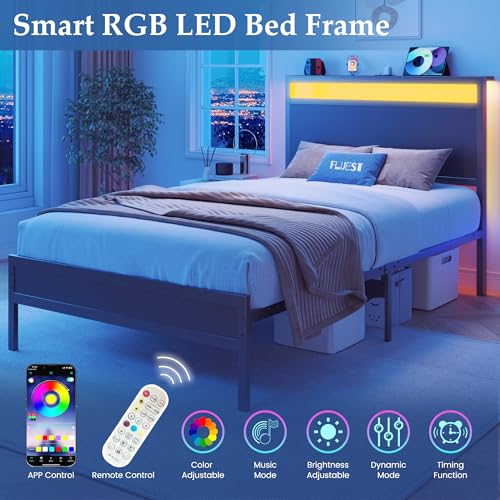Fluest Twin Bed Frame with Headboard & Footboard, Twin Bed Frame with Charging Station & LED Light, Under-Bed-Storage, No Box Spring Needed, Noise Free, Easy Assembly, Classic Black Fluest