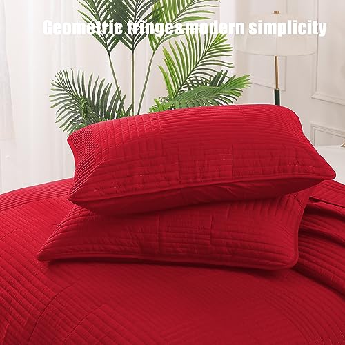 Whale Flotilla Ultra Soft King Quilt Bedding Set, Lightweight Microfiber Red Quilts Bedspreads Oversized, 3 Piece Ultrasonic Geometric Coverlet Bed Cover for All Seasons
