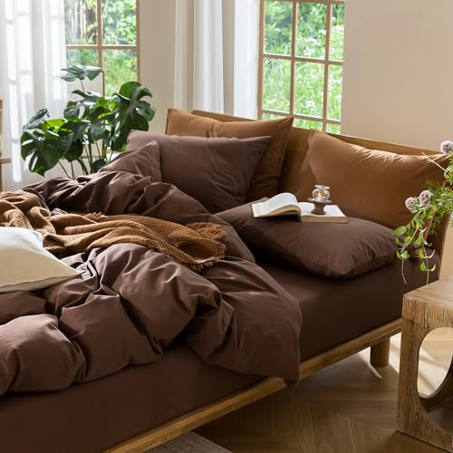 MooMee Bedding Duvet Cover Set 100% Washed Cotton Linen Like Textured Breathable Durable Soft Comfy (Solid Cocoa Brown, King 104"x90") MooMee