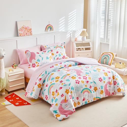 Girls Bed in a Bag Queen Size White Unicorn Comforter Set with Rainbow Flower - Soft 7 Pcs Pink Bedding Set (1 Comforter, 2 Pillow Shams, 1 Flat Sheet, 1 Fitted Sheet, 2 Pillowcases) UOZZI BEDDING