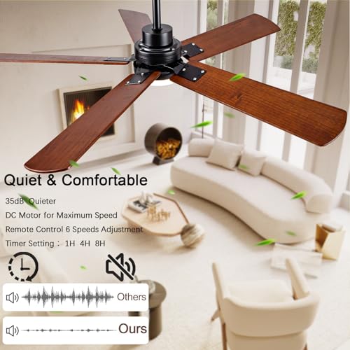 52-Inch Solid Wood with Remote Control with Light (LED) Modern DC DC Motor Indoor/Outdoor 5-Blade Ceiling Fan for Patios, Bedrooms and Farmhouses (Black + Walnut) dearnow