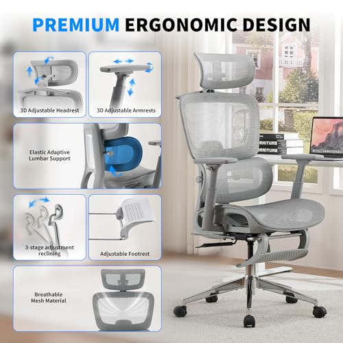 hujusko Mesh Ergonomic Office Chair with Footrest,High Back Mesh Gaming Chair with Lumbar Support,Adjustable Headrest and Armrests for Home Office Desk Chair (Modern, Grey) hujusko