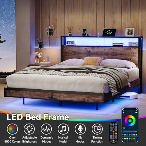 Susalt Queen Size Bed Frame with Storage Headboard, Sturdy Metal Platform Bed Frame with LED Lights and Charging Station, Easy Assembly, No Box Spring Needed, Noise Free, Rustic Brown Susalt