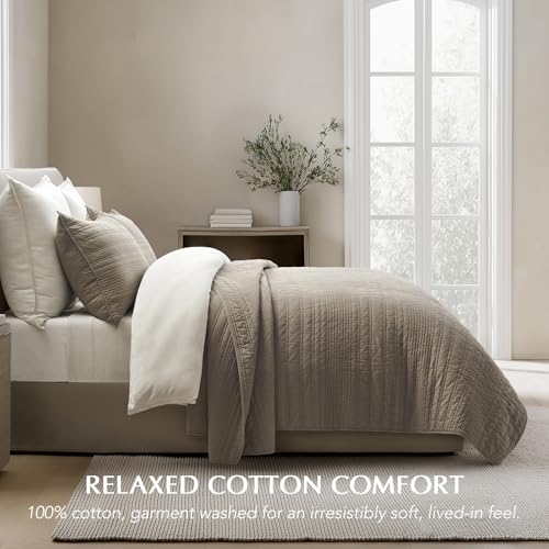 EVERGRACEHOME 100% Cotton Modern Lines Quilt Set King Size, Pre-Washed Soft Striped Coverlet Bedspread, 3 Piece Lightweight Bedding Set for All Season, with 2 Pillow Shams, Stone Taupe EVERGRACEHOME