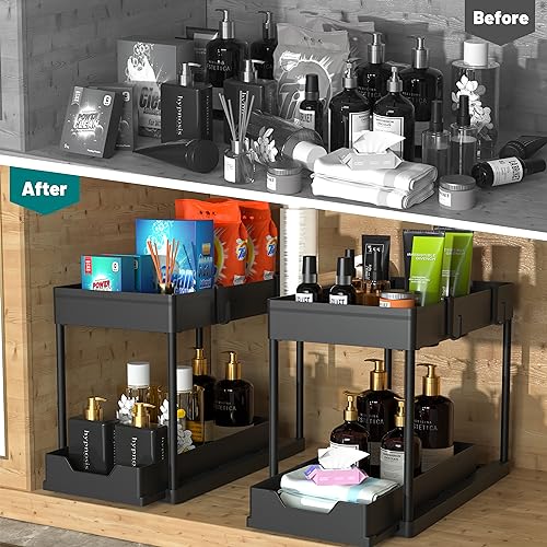 DEKAVA Under Sink Organizer 2 Pack, Bathroom Cabinet Organizer, 2 Tier Sliding Cabinet Basket Organizer Drawer, Multi-Purpose Bath Collection Baskets for Bathroom (Black) DEKAVA