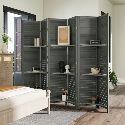 HOMCOM Room Divider, 6 Panel 67" Tall Wood Privacy Screen with 3 Display Shelves, and Folding Storage for Bedroom or Home Office, Gray HOMCOM