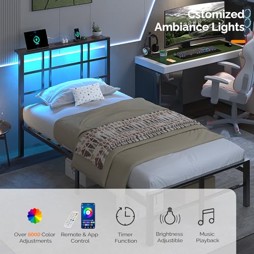 VINGLI Twin Bed Frame with Storage Headboard, LED Lights, and Charging Station, Single Metal Platform Pannel Bed with Wooden Storage Shelf, Underbed Storage Space, Apartement, Black VINGLI