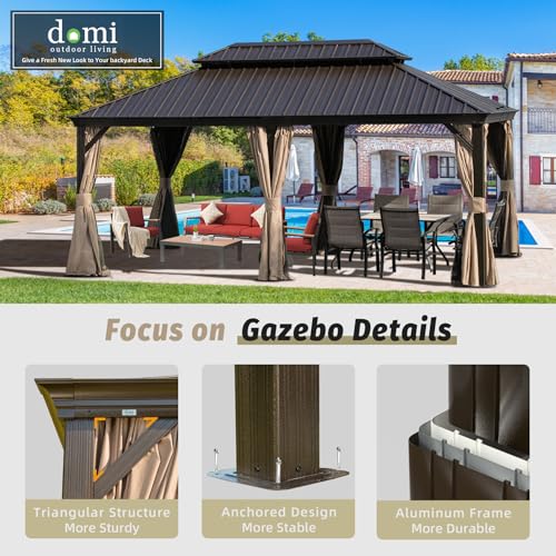 Domi Hardtop Gazebo 12x18FT, Outdoor Gazebo with Galvanized Steel Double Roof, Aluminum Frame, Built-in Gutter System, Curtain and Netting, Metal Gazebo Pavilion for Patio Deck Garden, Brown domi outdoor living