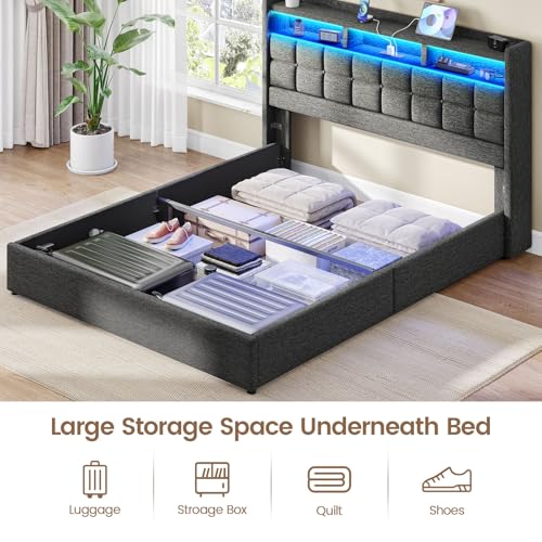 Driftalia Lift Up King Size Bed Frame with Storage, Upholstered King Bed Frame with Charging Station and LED Lights Headboard, No Box Spring Needed, Easy Assembly - Dark Grey Driftalia