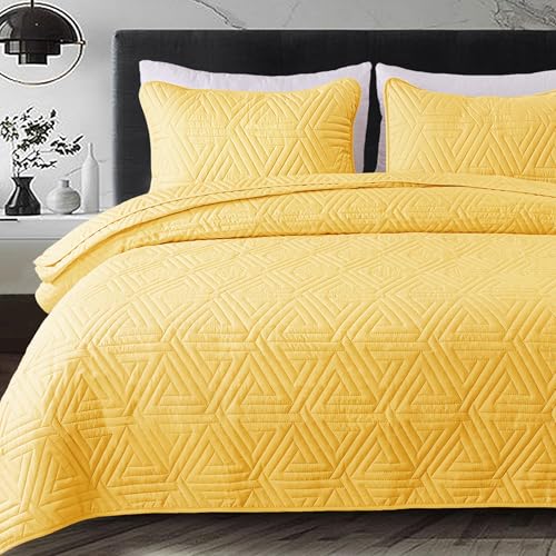 Whale Flotilla Soft Queen Size Quilt Set for All Seasons, 3-Piece Ultrasonic Geometric Quilts Bedding Set, Lightweight Reversible Bedspread, Coverlet, Bed Cover with 2 Pillow Shams, Yellow Whale Flotilla