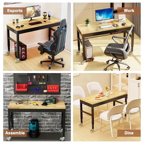 Antifir 48" Heavy Duty Workbench 1800 Lbs Capacity Solid Wood Working Bench Adjustable Height Rolling Work Tables with Power Outlets for Garage Shop Home Office Antifir
