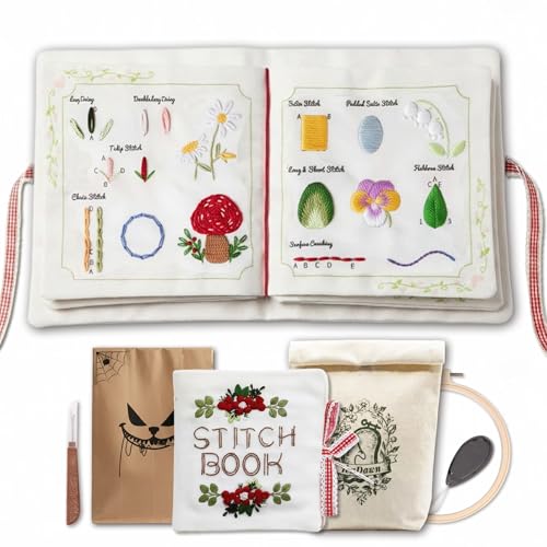 TenDawn Beginner Embroidery Stitch Book with Fabric Pages, 32 Essential Stitches in Structured Learning Order for Adults, DIY Sewing Kit with Floral Motifs, Practice Patterns