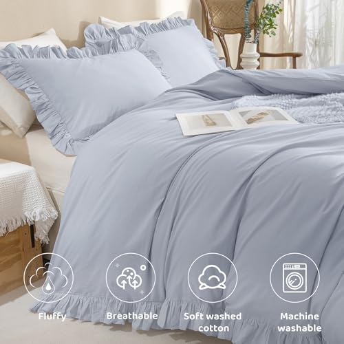 Sanracie Ruffled Bedding Comforter Sets King Size, Cotton Comforters Set 3Pcs for All Season Cornflower Blue Shabby Boho Chic Bedding French Country Farmhouse Rustic Aesthetic Bedroom Sets Sanracie