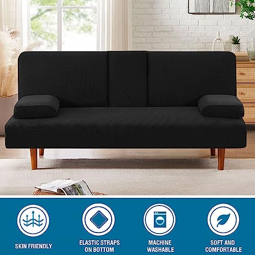 LiveGo Futon Cover 4 Pieces Stretch Futon Covers Sofa Bed Slipcover with Removable Armrests and Cupholders Covers Furniture Protector High Spandex Small Checks Jacquard Fabric (Black) LiveGo