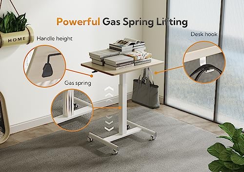 Claiks Mobile Standing Desk, Small Rolling Standing Desk with Wheels, Pneumatic Mobile Desks Workstation with Hook, Natural Claiks