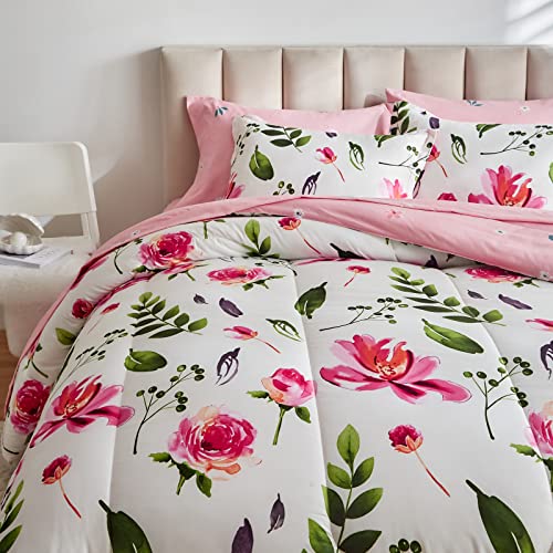 Shxime Floral Comforter Set 7 Pieces White with Green Leaves Pink Flowers Bed in a Bag King Size Reversible Bedding Set (1 Comforter 2 Pillow Shams 1 Flat Sheet 1 Fitted Sheet 2 Pillowcases) Shxime