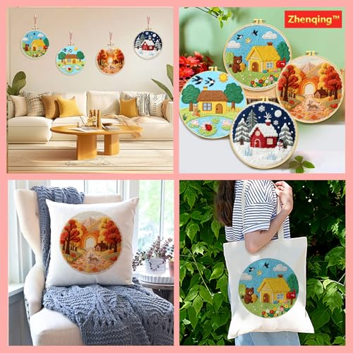 Zhenqing Four Seasons Embroidery Kit for Beginners, 4-Pack Circular Scenes with 20cm Hoop, Pre-Printed 29x29cm Fabric & Threads, Spring Summer Fall Winter Landscape Designs(C0182)