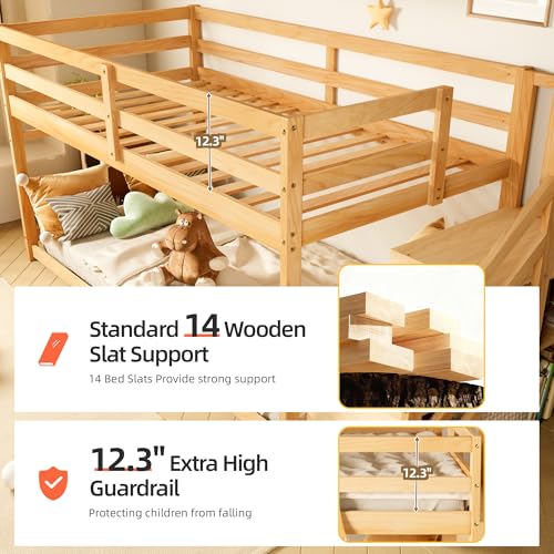 TOLEAD Low Bunk Bed Twin Over Twin, Floor Bunk Beds with Storage Staircase and Guardrails, Wooden Low Bunk Bed with Hanging Bar for Juniors, Boys, Girls, Kids, Natural Wood TOLEAD