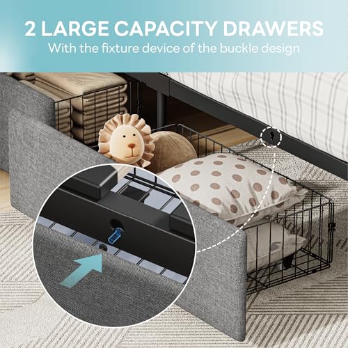 LIKIMIO Twin Bed Frame with 2 Storage Drawers, Charging Station & LED Lights, Upholstered Platform Twin Bed with Storage Headboard, Strong Wooden Slats, No Box Spring Needed, Easy Assembly, Grey LIKIMIO