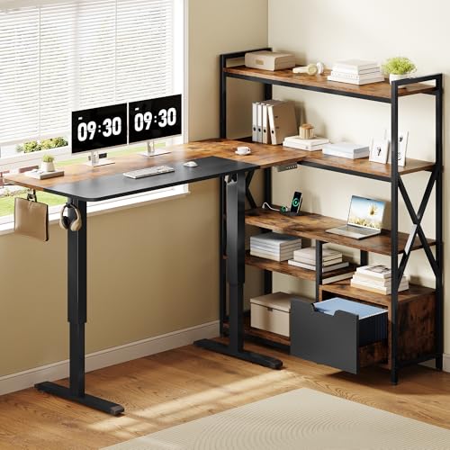 Homiflex 77.8 Inches L Shaped Standing Desk Corner Desk with Hutch Electric Height Adjustable Desk with Storage Shelves File Drawer Power Outlets Reversible Computer Gaming Desk for Home Office, Brown Homiflex