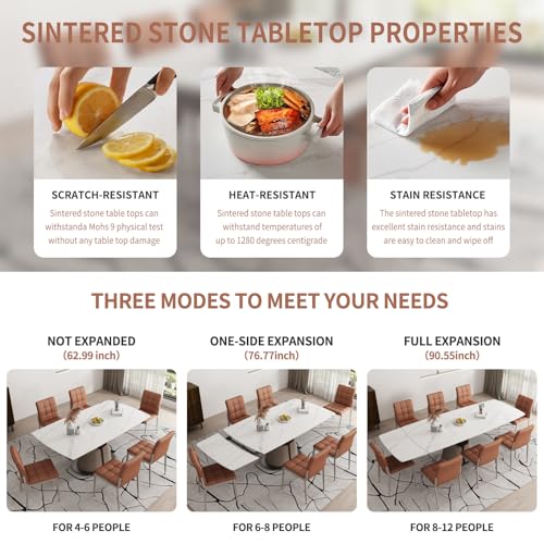 LifoHous Extendable Sintered Stone Dining Table Seats 8-10 People. Modern Telescopic Dining Table with Leather Base. Durable Stone Tabletop Suitable for Dining Rooms.90in(1Tabel) LifoHous
