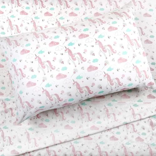 Kids Rule 4-Piece Sketch Unicorn Sheet Set for Girls & Kids - 1 Full Flat Sheet, 1 Full Fitted Sheet & 2 Queen Pillowcases, Soft Brushed Microfiber Polyester Bed Sheet, Smooth & Durable Kids Rule