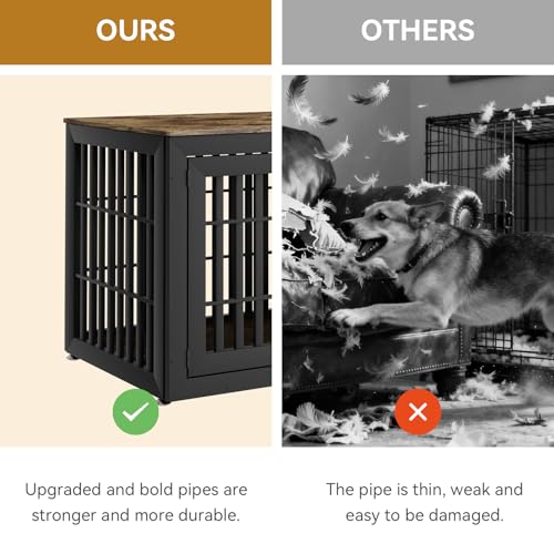HMHTCT 48 Inch Heavy-Duty Dog Crate Furniture, Decorative Wooden End Table Kennel with Waterproof Top & Wide Metal Tubes, for Large & Extra Large Dogs, Black + Rustic Brown HMHTCT