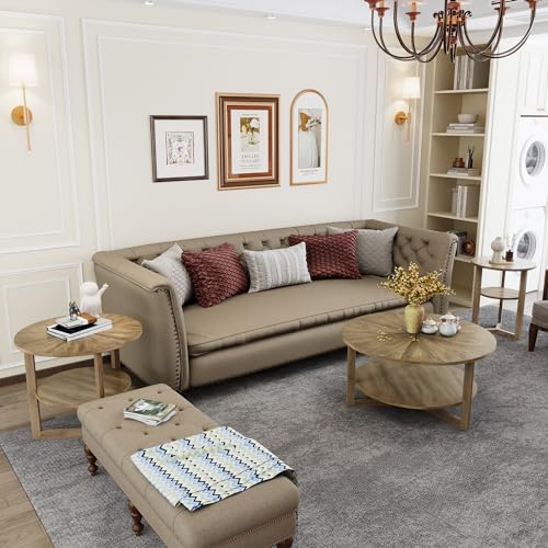 LEEMTORIG Round Wooden Coffee Table Living Room, 2-Tier Circle Round Coffee Table with Storage, Farmhouse Solid Wood Coffee Table, Yellowish Brown, KFZ-3338 LEEMTORIG