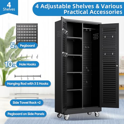 Aobabo Lockable Metal Storage Cabinet with 4 Adjuatable Shelves,Garage Storage Cabinet with Wheels and 5 Remove Pegboard,Required Assembly,Black,70.87''H*31.5''W*15.75''D Aobabo
