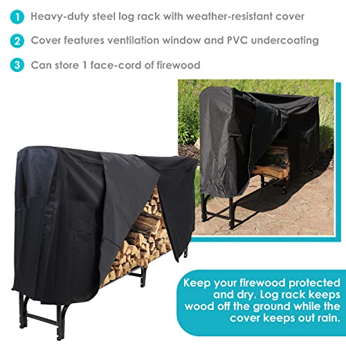 Sunnydaze Outdoor Firewood Log Rack and Cover Combo Set - Black Powder-Coated Steel and PVC - Black Fabric - 8-Foot Sunnydaze