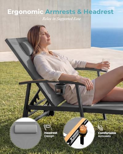 Ciokea Outdoor Lounge Chair with Pillow Set of 2, 5-Position Aluminum Chaise Lounge with Wheels & Armrests, 400 lbs Heavy Duty Patio Pool Chair for Backyard, Deck, Beach & Poolside, Grey