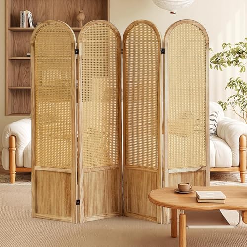 Asnefeli Room Divider 4 Panel Folding Privacy Screen for Bedroom Home Office Separation, Freestanding Wood Partition Wall, 5.6 Ft Natural Rattan Decor Asnefeli