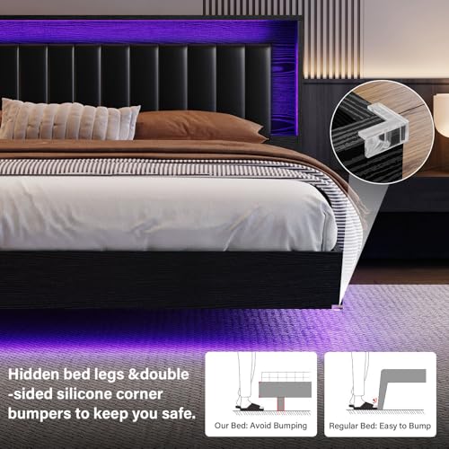 Belffin Floating Bed Frame King Size with LED Lights & Charging Station, Wooden Headboard with Hidden Storage and Faux Leather Backrest, Easy Cleaning, No Box Spring Needed, Noise-Free, Black Belffin