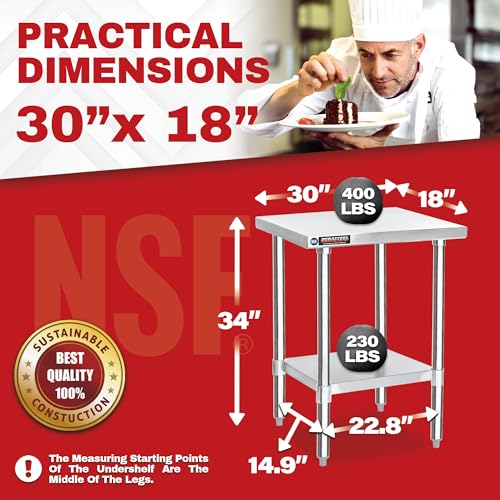 DuraSteel Food Prep Stainless Steel Table - 30 x 18 Inch Commercial Metal Workbench with Adjustable Under Shelf - NSF Certified - For Restaurant, Warehouse, Home, Kitchen, Garage DuraSteel