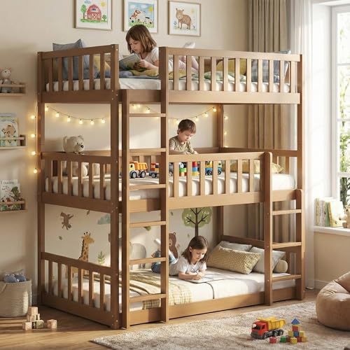 Triple Bunk Bed for Kids ,Wood 3-in-1 Twin Bunk Beds, Convertible to 3 Separate Beds, Solid Rubber Wood Construction, Safety Guardrails & Dual Ladders ,Space-Efficient Vertical Design,White Oak MoproBeti