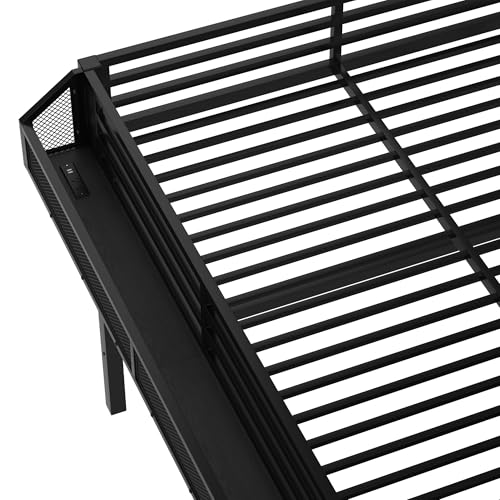 Bellemave Queen Loft Bed with Storage Stairs, Shelves and Built-in Wardrobe, Metal Loft Bed Frame with USB Ports and LED Lights, Noise-Reduced Design, Black Woodgrain Bellemave