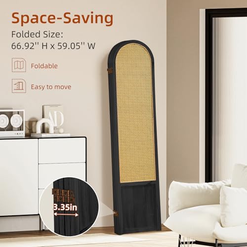ALeesing 4 Panel Room Dividers and Folding Privacy Screens, Hand-Made Rattan Room Divider with Bi-Directional Hinge, Pre-Assembled Wood Room Divider Wall for Home Office Bedroom, Black ALeesing