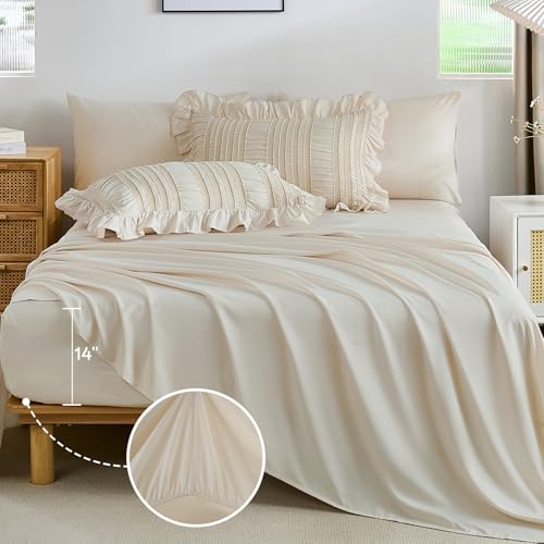 Beige Comforter Set Full Size 7 Pieces, Boho Tufted Ruffle Bed in a Bag, Seersucker Textured Bedding Set for Girls 90"×78" WONGS BEDDING