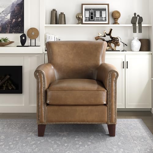 Lexicon 100% Top Grain Genuine Leather Chair, Leather Accent Chairs for Living Room, Solid Wood Frame, Rolled Armrest & Nailhead Trim, Comfy Reading for Bedroom, Office, Waiting Room, Brown Lexicon