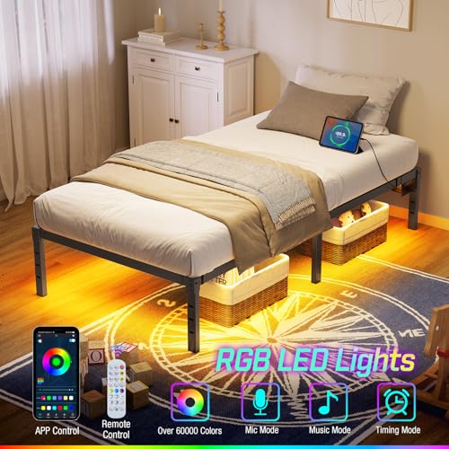 Rolanstar Bed Frame with USB Charging Station, Twin Bed Frame with LED Lights, Platform Bed Frame with Heavy Duty Steel Slats, 14" Storage Space Beneath Bed Rolanstar