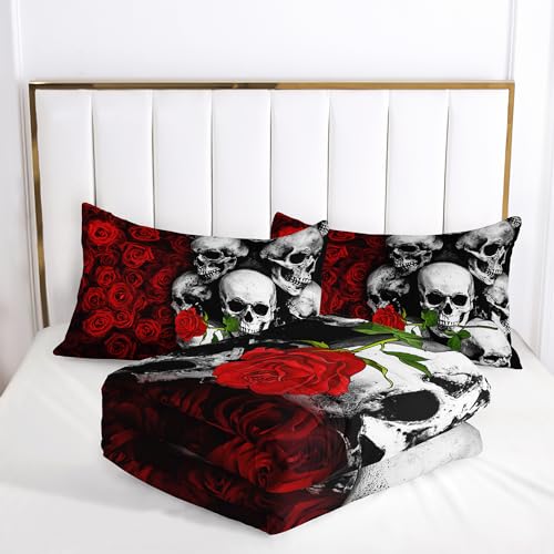 Tuzaovy Gothic Queen Size Bedding Set - Skull & Rose Comforter, Black & Red Quilt Tuzaovy