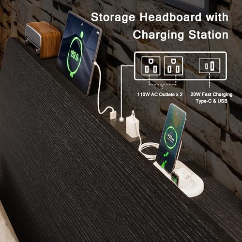 Einhomn Full Bed Frame with Ergonomic Wooden Storage Headboard, LED Bed Frame with Charging Station, 12" UnderBed Storage, Heavy-Duty Metal Base, No Box Spring Needed, Easy Assembly, Black Einhomn