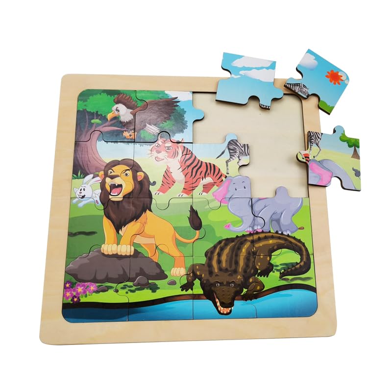 Wooden Jigsaw Puzzle Set of 3 pcs, Farm Jungle and Sea Animals Level up Puzzles Difficulty from 9 pcs to 16 pcs 25 pcs Educational Preschool Toys Gifts OLYDAUS
