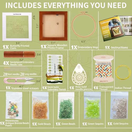 Craftreasure Embroidery Kit for Adults, Butterfly Embroidery Kit for Beginners Include Embroidery Beads Threads for Craft Lover Hand Stitch with Embroidery Skill Technique (Green - Easy)