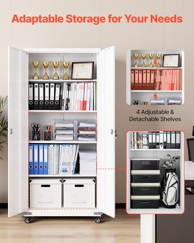 VEVOR Metal Storage Cabinet, 72.6 in Rolling Steel Garage Cabinet with 4 Adjustable Shelves, 2 Magnetic Doors & 2 Keys, 5 Tiers Lockable Tool Storage for Pantry, Warehouse, Basement, Office, White VEVOR