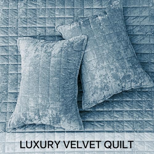 BEDELITE Velvet Quilt Set King Size - Luxury Velvet Comforter Bedding Set 3 Pieces, Soft Cozy Shiny Dusty Blue Oversized Bedspread Coverlet for All Seasons with 2 Pillow Shams BEDELITE