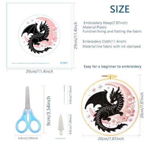 Zhenqing Black Dragon and Pink Moon Embroidery Kit, Fantasy Mystical Craft Set with 20cm Hoop, Printed Design on 29x29cm Cotton Fabric, DIY Gothic Art (JC0067)