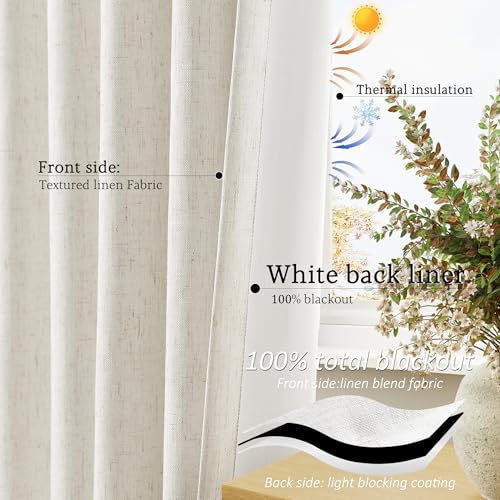 Jowels Cream Linen Blackout Curtains 108 Length 2 Panels Set for Living Room Bedroom, 100% Black Out Thermal Insulated Linen Drapes, Room Darkening Grommet Curtains 108 Inches Long Natural Beige Jowels